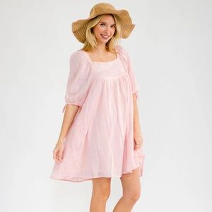 099 • Light Pink Babydoll Mini Dress | Bow Tie Puff Sleeves Cotton Summer Dress
